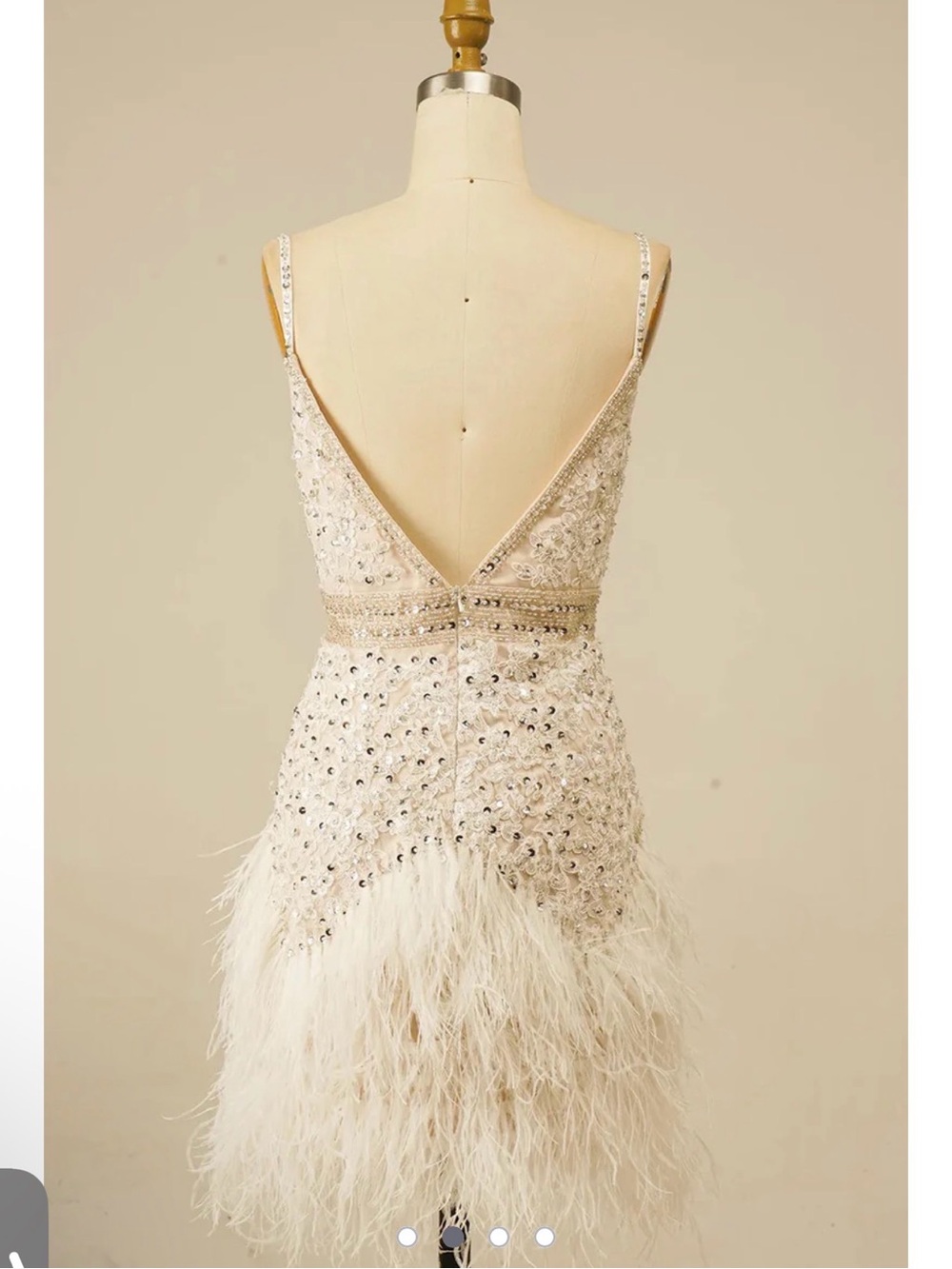 Custom Ivory Embellished Lace & Feather Mini Dress - Picture 2 of 11